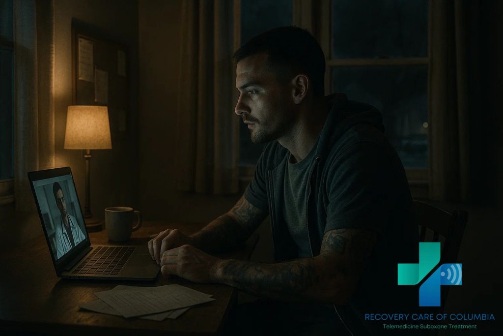 Tattooed man in his 30s using laptop at night for telehealth kratom withdrawal home remedies session, showing focus and determination.