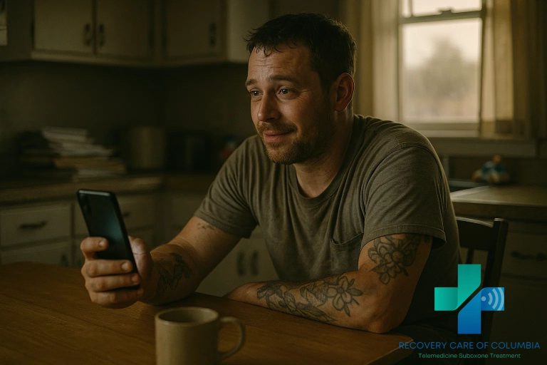 Tennessee father with tattoos on a telehealth call at his kitchen table, showing relief and resilience after Kratom withdrawal recovery.