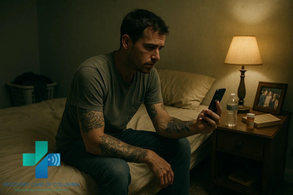 Man in his 30s sitting on an unmade bed during a telehealth call, symbolizing kratom withdrawal symptoms day by day and recovery at home.
