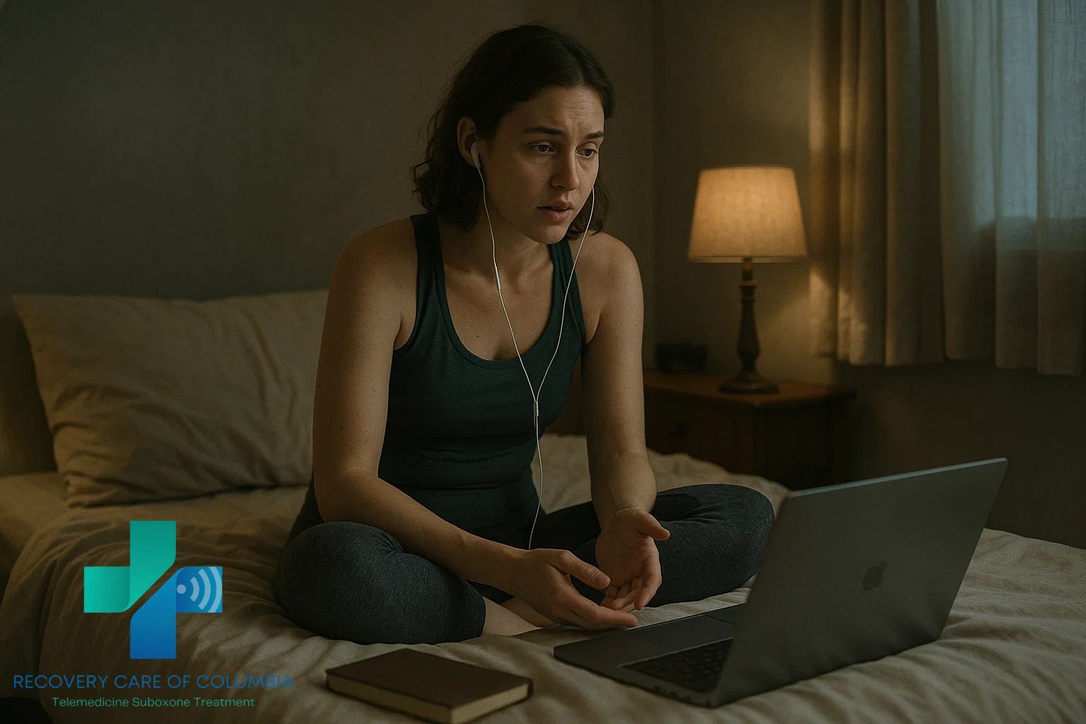 Woman in workout clothes on her bed having a telehealth recovery session on her laptop, symbolizing strength and overcoming kratom addiction.