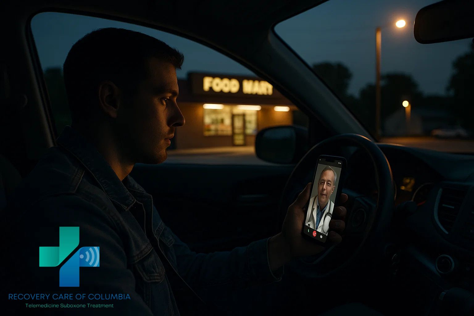 Man attending a same day online Suboxone treatment session from his parked car at sunset, symbolizing privacy and commitment to recovery.
