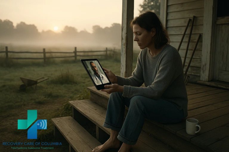 Woman on farmhouse porch at dawn having a Suboxone Online Dr telehealth visit, symbolizing recovery and new beginnings.