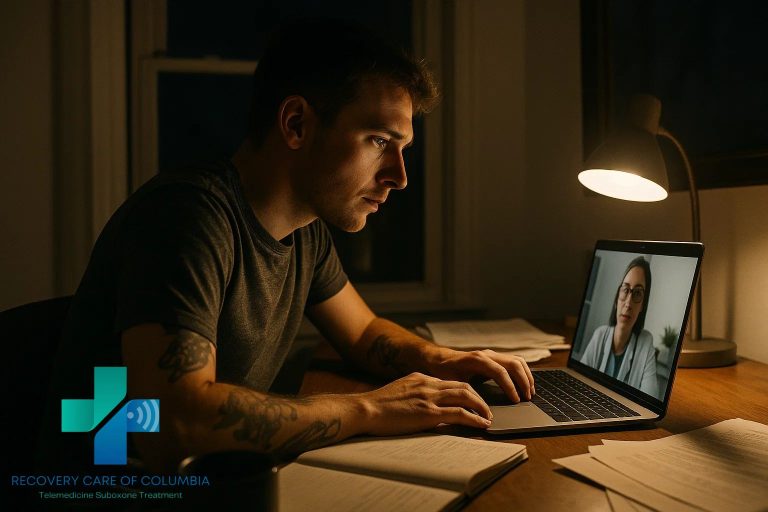 Man in Tennessee having a nighttime telehealth appointment for a Suboxone prescription online.