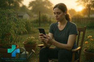 Woman in rural Tennessee garden using smartphone for same day Suboxone telehealth session at sunrise.