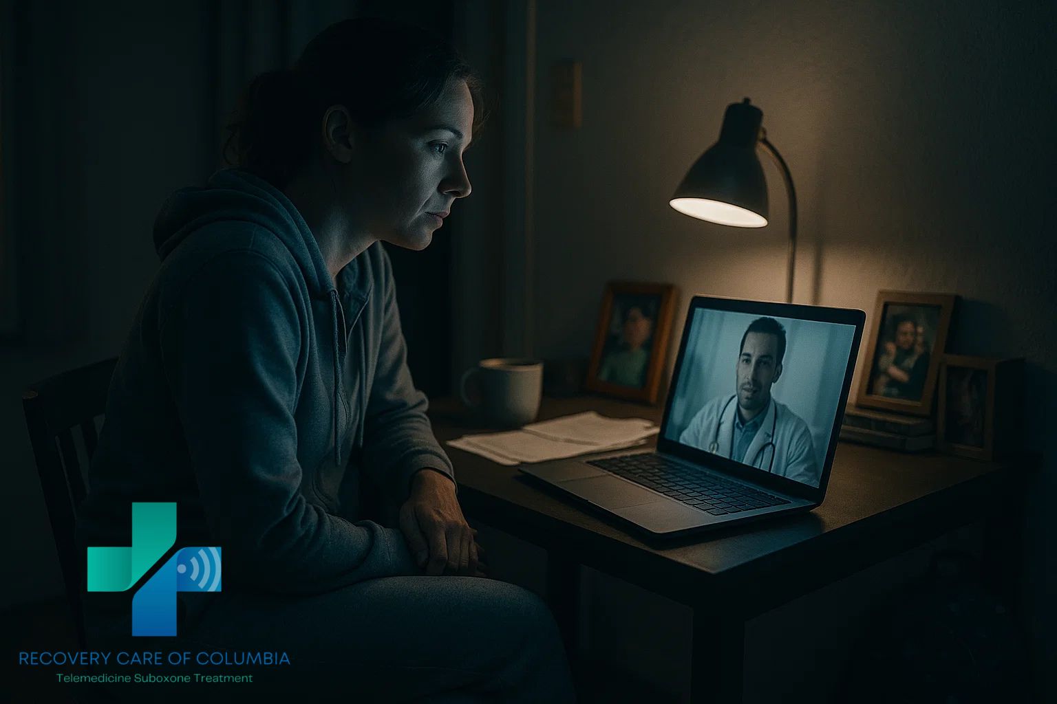 Woman in her 30s attending a Suboxone telemedicine appointment from her home office, symbolizing online recovery support from Recovery Care of Columbia.