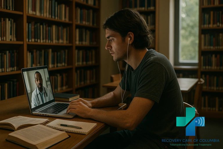 Young adult in a Tennessee library on a telehealth call starting Suboxone treatment today.