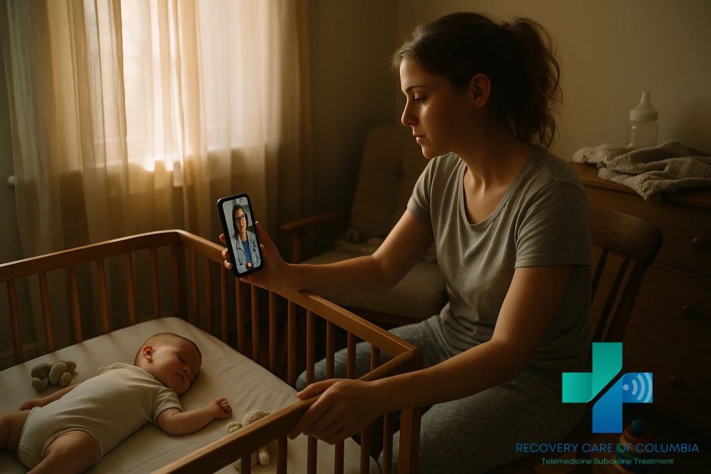 Young Tennessee mother using her smartphone for a virtual Subutex treatment session in a sunlit nursery, symbolizing strength and renewal through online recovery.