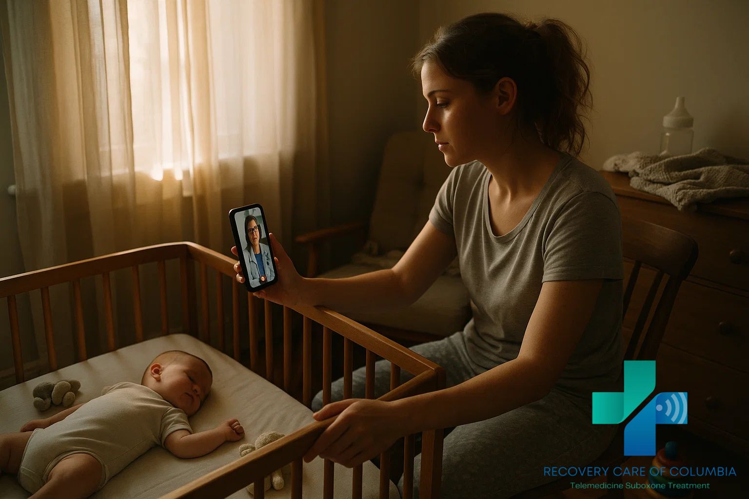 Young Tennessee mother using her smartphone for a virtual Subutex treatment session in a sunlit nursery, symbolizing strength and renewal through online recovery.