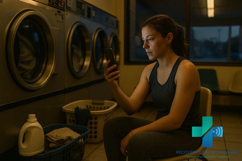 Woman in her late 20s at a laundromat using her smartphone for a telehealth session about kratom withdrawal treatment, surrounded by laundry baskets and detergent.