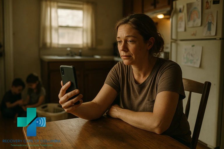 Mother in Tennessee on a virtual Suboxone clinic telehealth call at her kitchen table with children in the background.