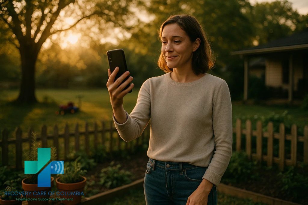 Woman in a peaceful backyard garden during a virtual Suboxone telehealth appointment, symbolizing empowerment and recovery through telemedicine.