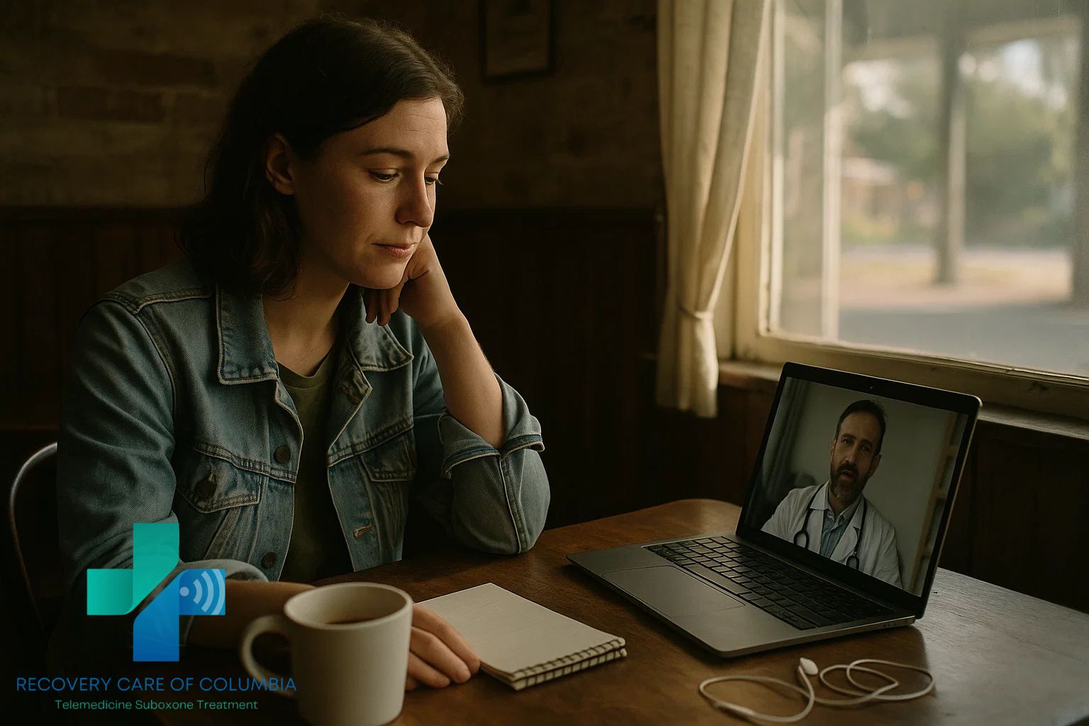 Woman attending an online Suboxone appointment from a Tennessee café, symbolizing hope and accessible same-day addiction treatment.