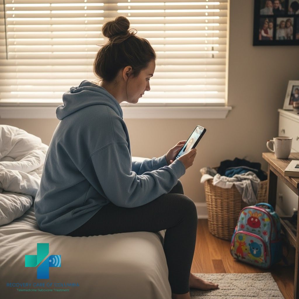 Young Tennessee woman on her smartphone during a TeleMAT Suboxone appointment, looking relieved as she learns Suboxone doesn’t cause a high.