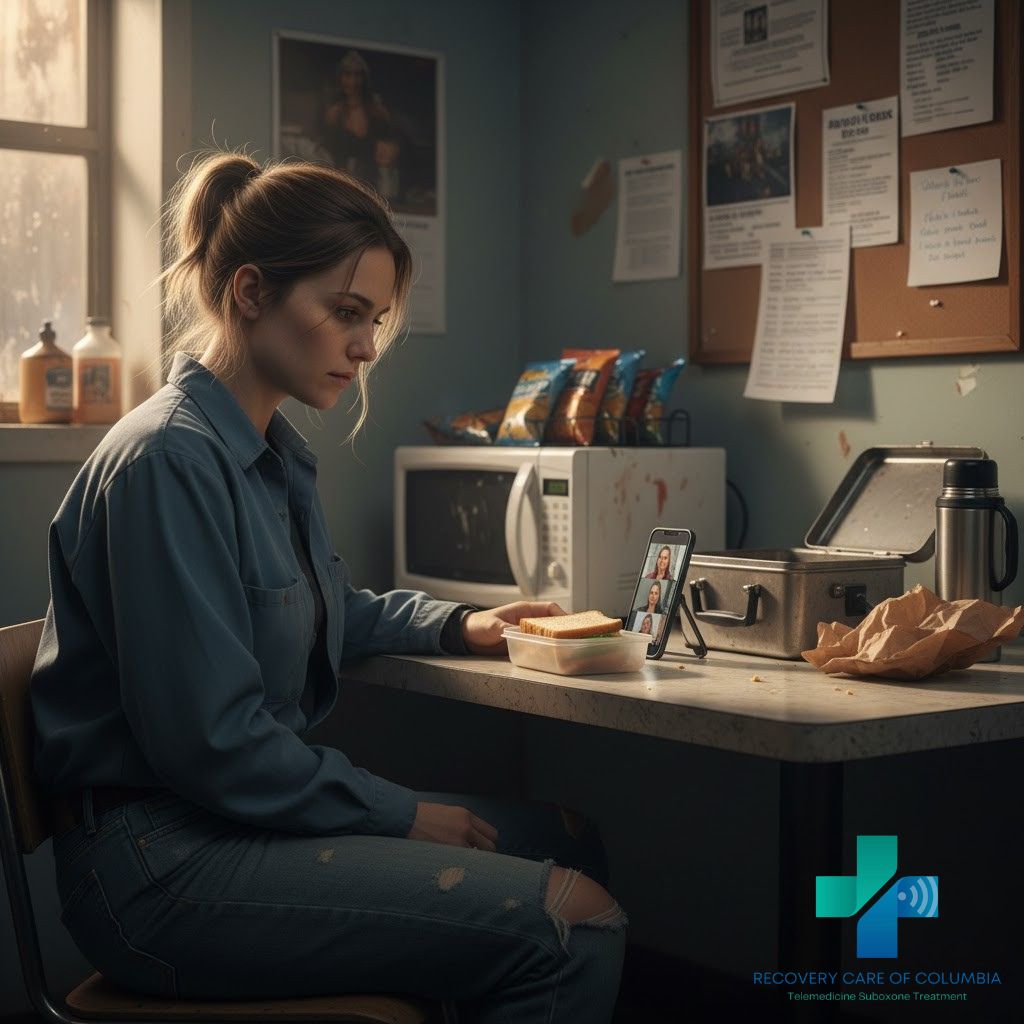 Young woman in a workplace break room speaking with her Suboxone Amerigroup doctor via telehealth, reflecting private, accessible virtual treatment in Tennessee.