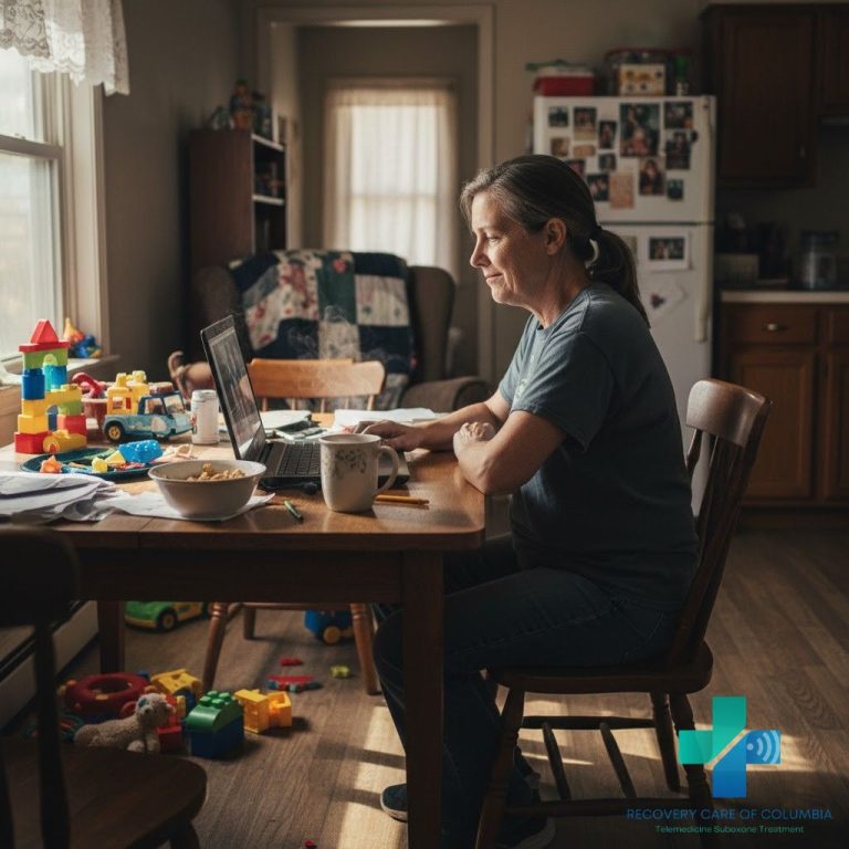 Working parent in a home setting during a virtual Suboxone TeleMAT appointment, showing accessible BCBS-covered treatment in Tennessee.