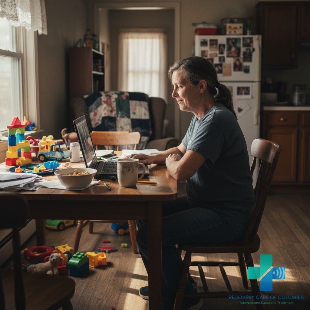 Working parent in a home setting during a virtual Suboxone TeleMAT appointment, showing accessible BCBS-covered treatment in Tennessee.