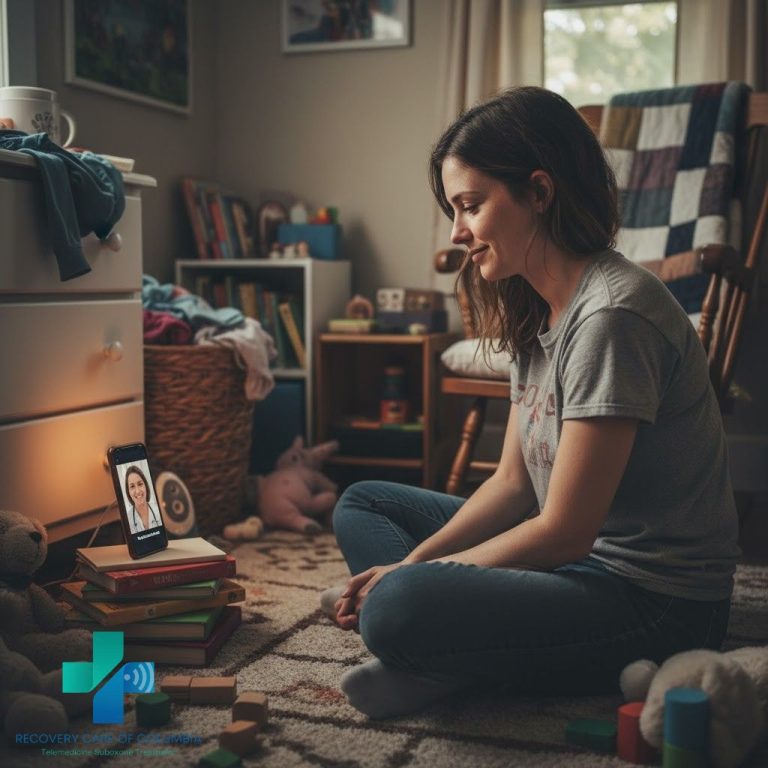 Young mother in Tennessee having a private virtual Suboxone appointment in her baby’s nursery, surrounded by toys and soft lighting, symbolizing relief and recovery.