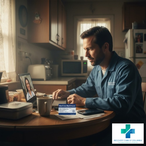 Man in work uniform attending a telehealth Suboxone appointment from his kitchen table using BCBS Insurance