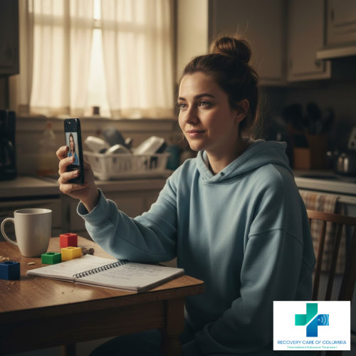 Young woman on telehealth call at her kitchen table, using Amerigroup Medicaid for online Suboxone treatment