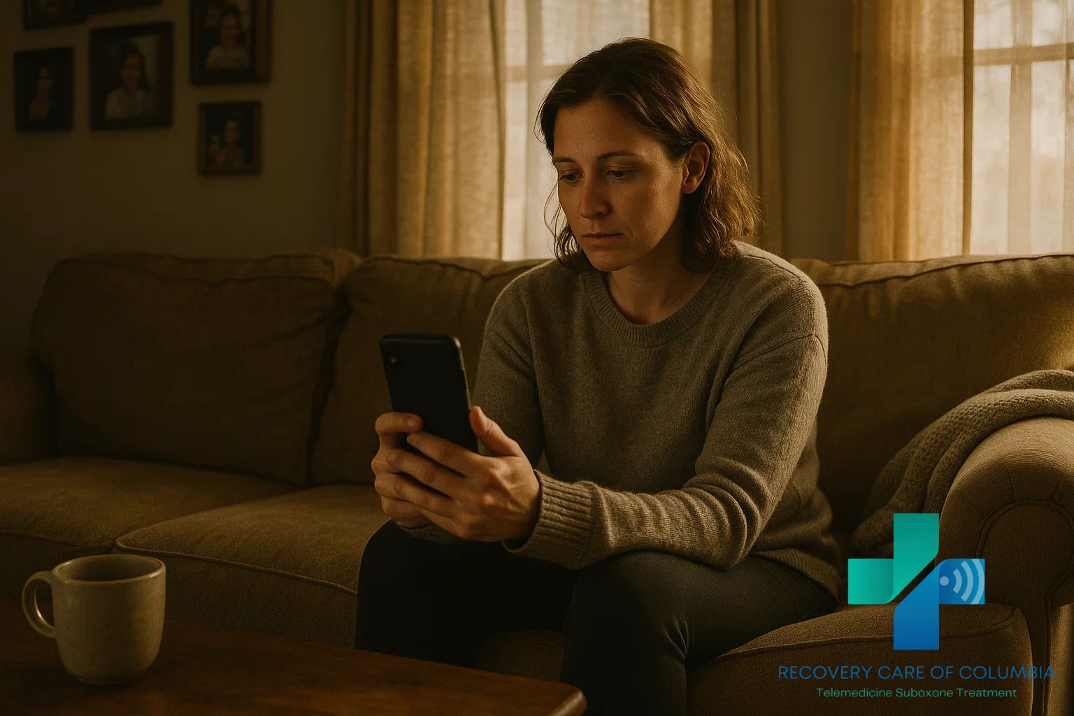 Woman attending an online Suboxone appointment from her living room, symbolizing the comfort and accessibility of virtual addiction recovery with Recovery Care of Columbia.