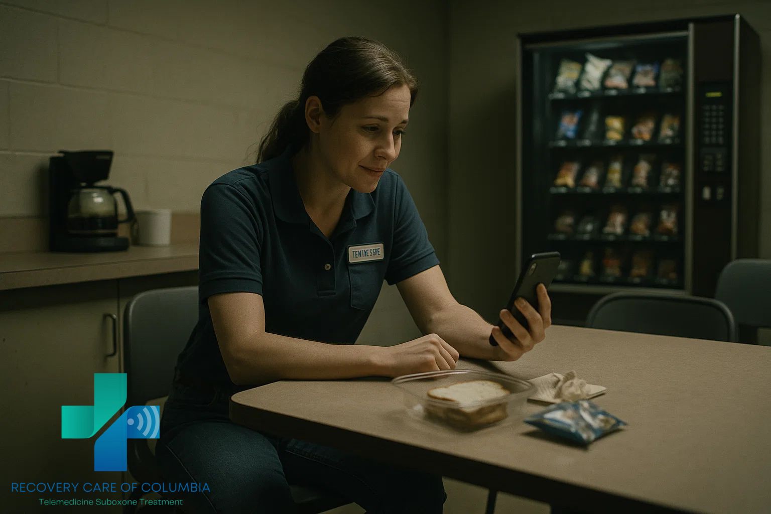 Woman in her late 20s using her phone during a lunch break for a virtual Suboxone appointment, symbolizing accessible and affordable online recovery in Tennessee.