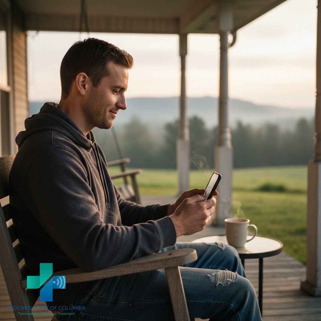 Working-class man on his porch at sunrise during a telehealth Suboxone appointment, reflecting relief and stability as he begins recovery.