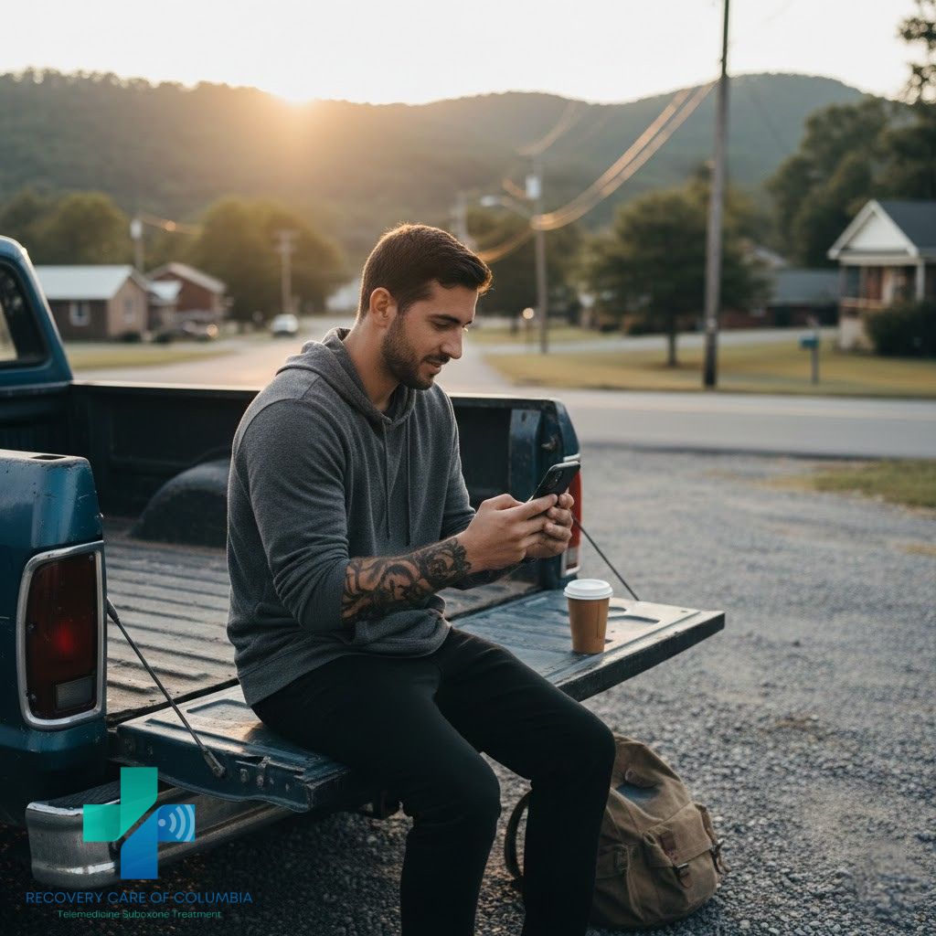 Young man using smartphone for telehealth Suboxone appointment at sunset with GoodRx Suboxone discount coupons