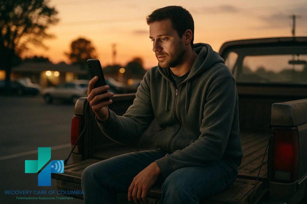 Man in small Tennessee town during sunset telehealth Suboxone appointment, symbolizing hope and recovery through TeleMAT program.