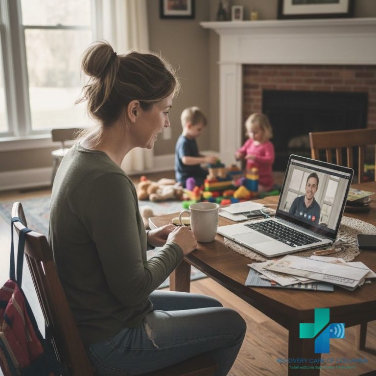 Tennessee mom in a warm-lit kitchen attending a telehealth appointment to learn how to get prescribed Suboxone while her children play in the background.