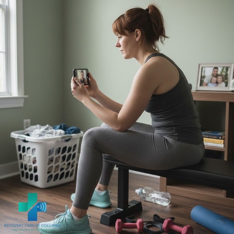 Woman in her late 20s attending a telehealth Suboxone appointment from her home gym, reflecting on treatment duration.