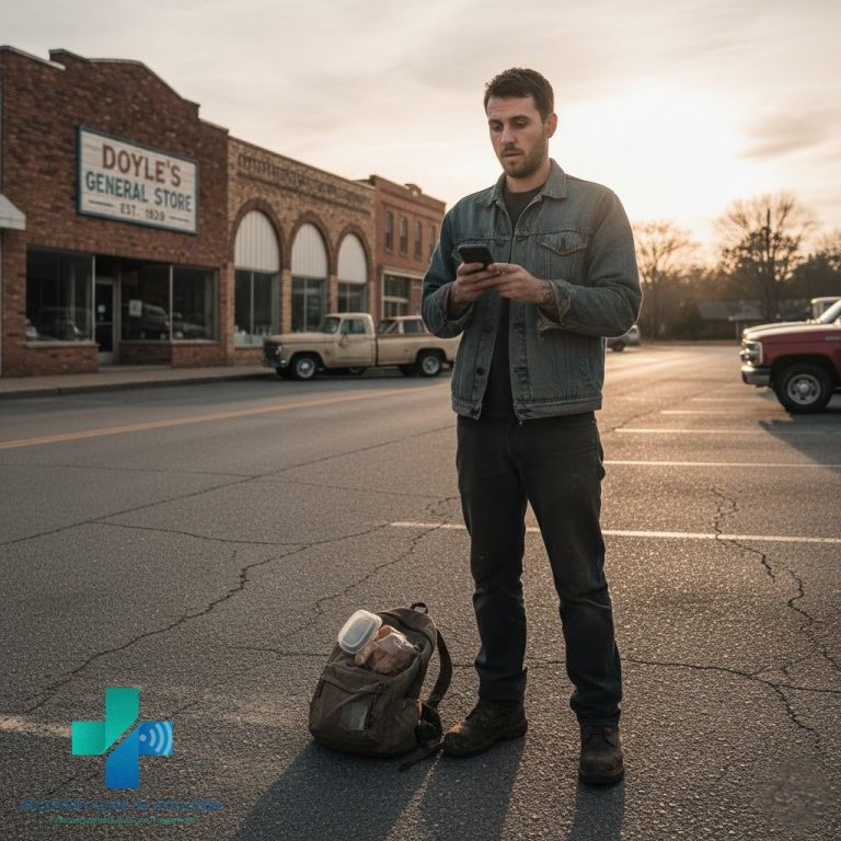 Young man in denim jacket at Tennessee bus stop holding phone during telehealth Suboxone appointment, reflecting focus and determination.