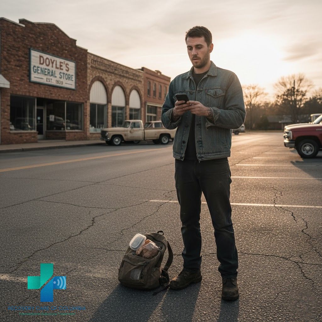 Young man in denim jacket at Tennessee bus stop holding phone during telehealth Suboxone appointment, reflecting focus and determination.