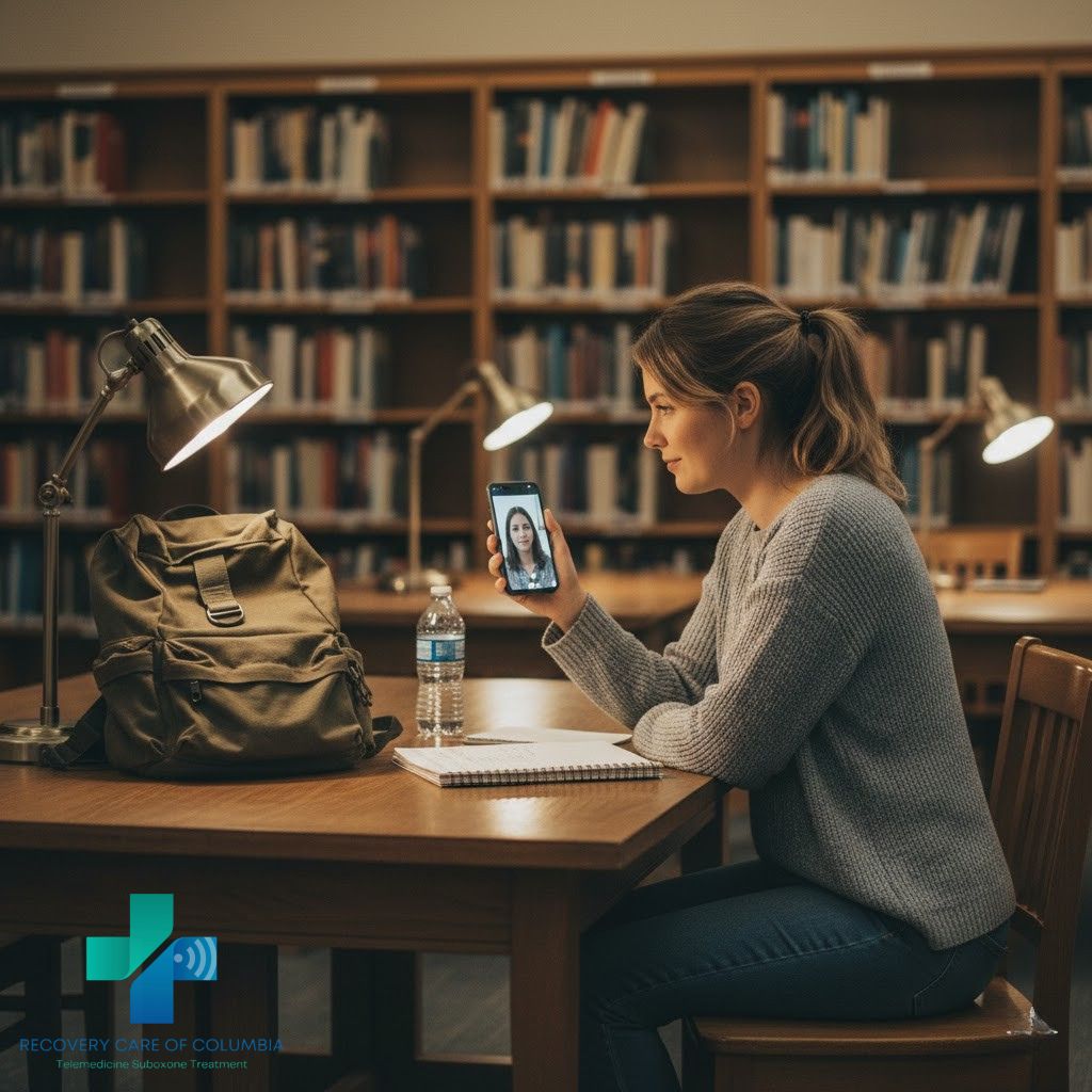 Young woman at a library table watching a TeleMAT appointment on her smartphone, learning how to take a Suboxone pill, with a focused and relieved expression.