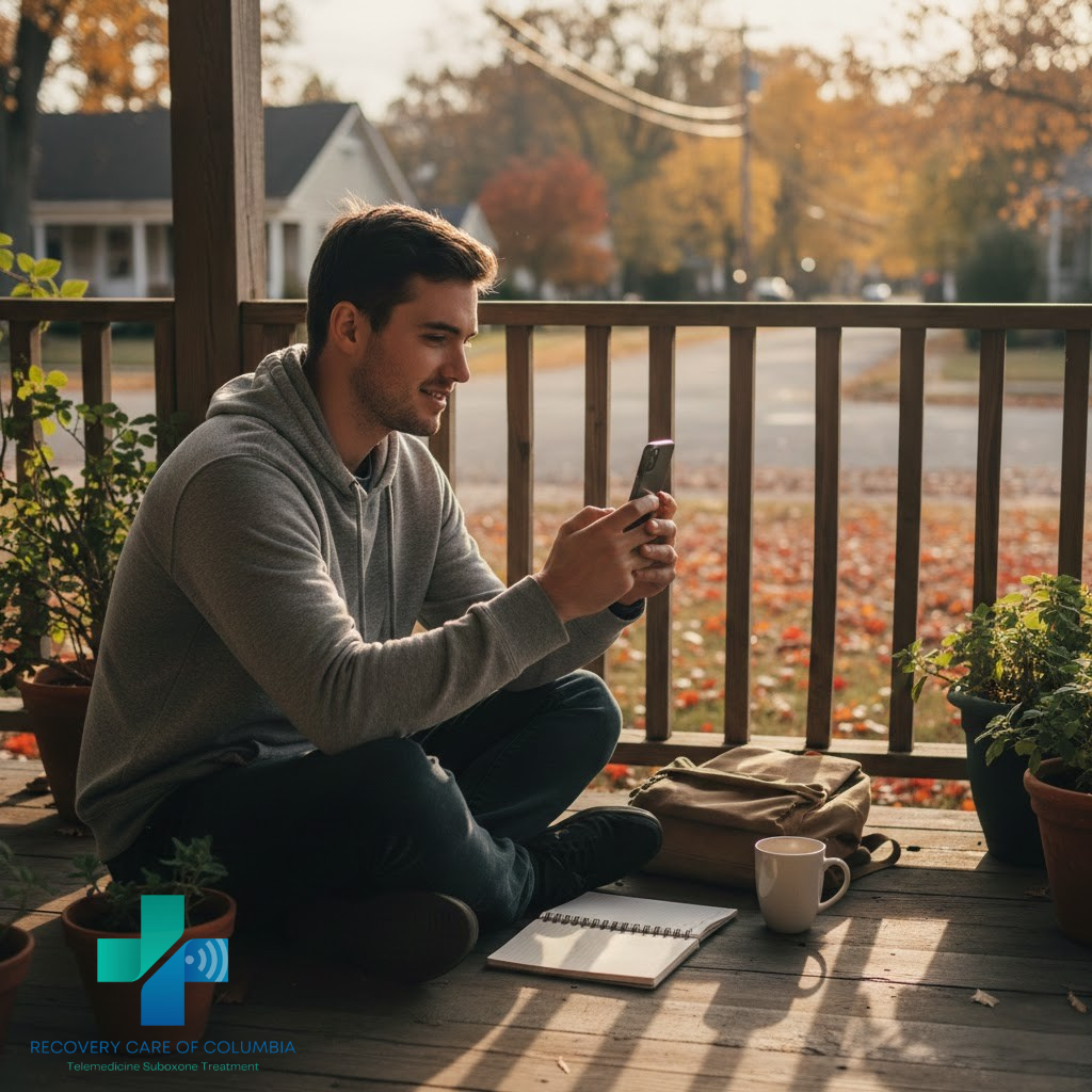Young adult on a porch in a small Tennessee town using a smartphone for a telehealth opioid treatment appointment, illustrating whether Subutex is the same as Suboxone.