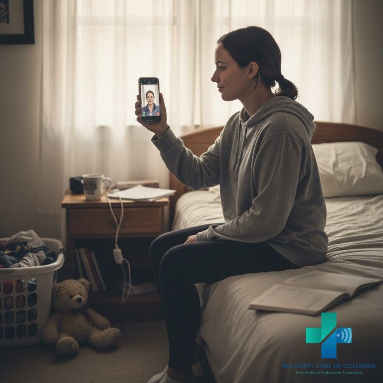 Woman in her late 20s on bed during a Medicaid telemedicine Suboxone call, with morning light and household items in view, illustrating safe, accessible treatment from home.