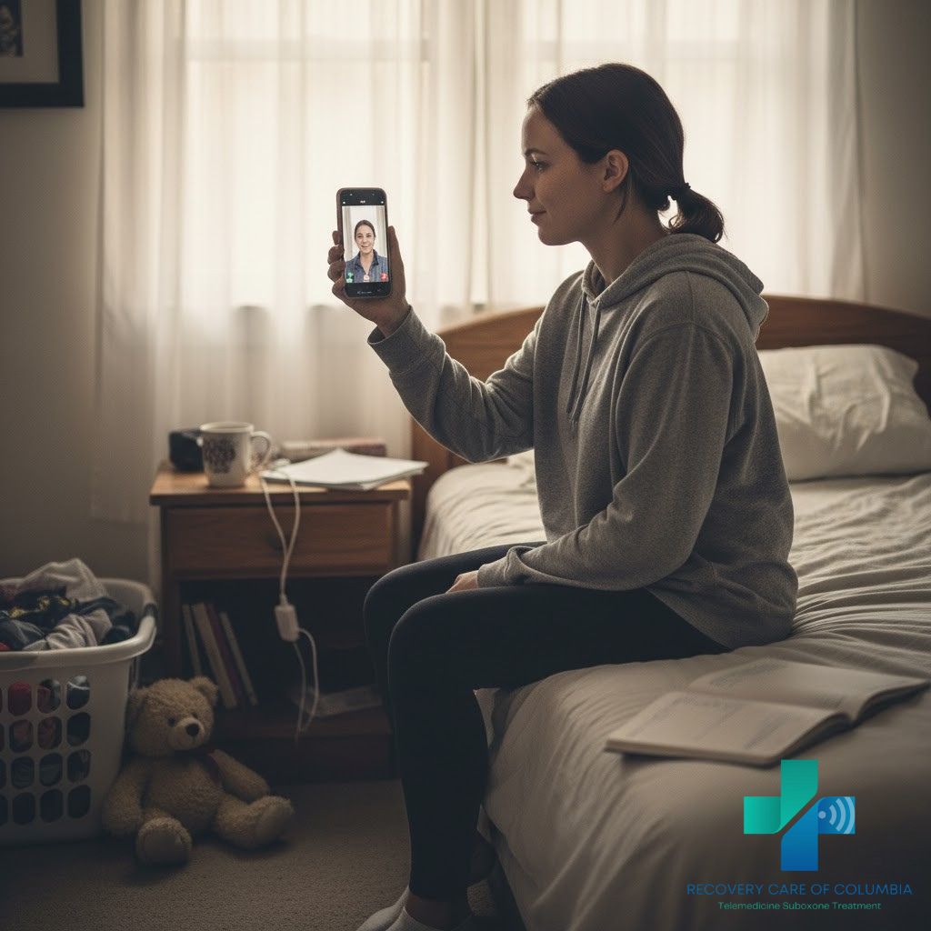Woman in her late 20s on bed during a Medicaid telemedicine Suboxone call, with morning light and household items in view, illustrating safe, accessible treatment from home.