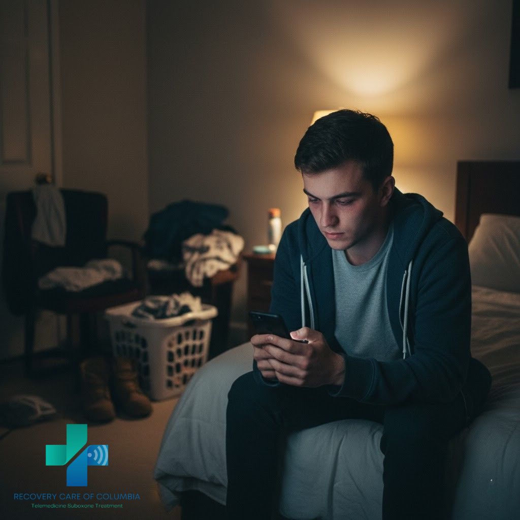 Tennessee man in a nighttime telehealth session, learning about Methadone and Suboxone, reflecting a first step toward recovery.