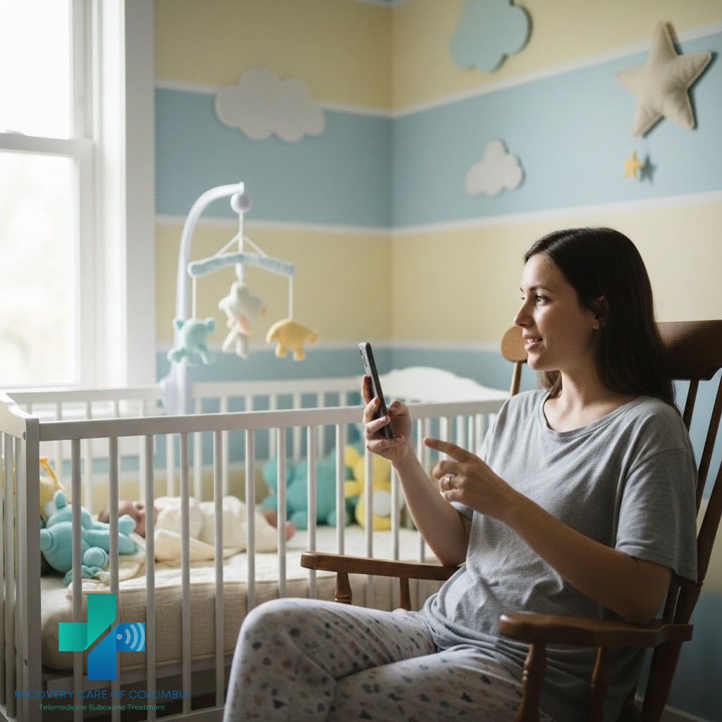 Young mother in a nursery attending a telehealth Suboxone doc near me appointment while her baby rests nearby