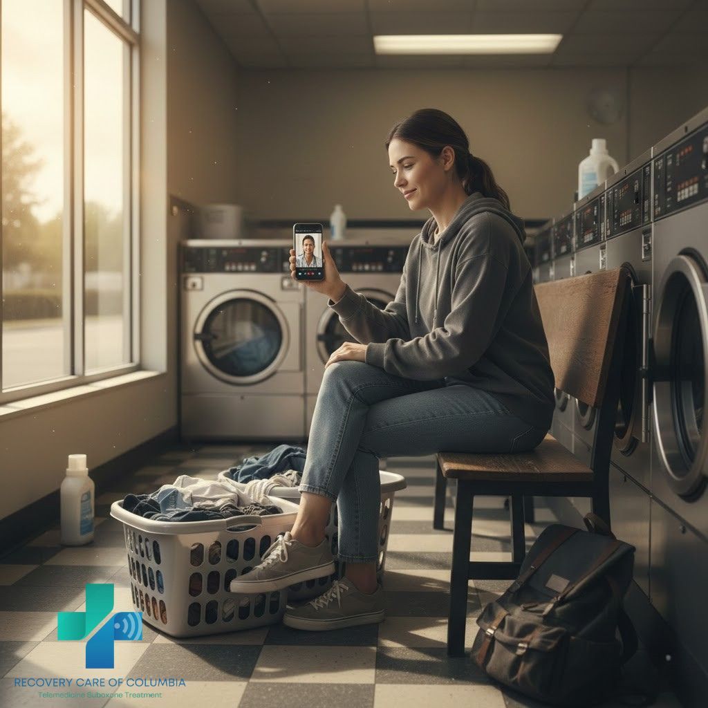 Young woman using phone for TeleMAT Suboxone appointment with doctors near me that accept Medicaid in Tennessee