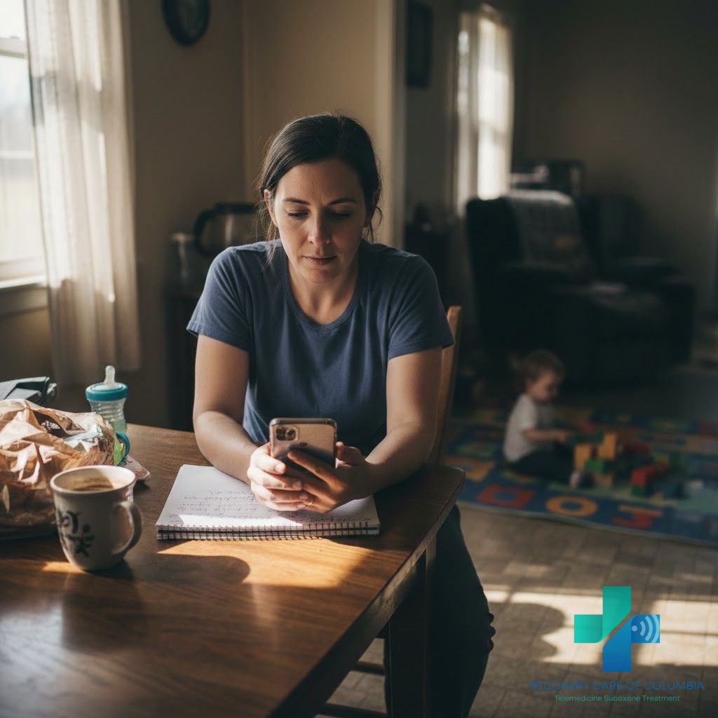 Young mom in Tennessee using telehealth for Suboxone generic name buprenorphine naloxone treatment at home while caring for her toddler