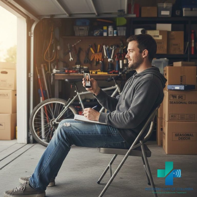 Man in cluttered garage attends virtual Suboxone appointment in Tennessee, reflecting Suboxone street value and prison value awareness.