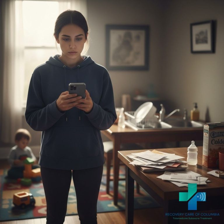 Young Tennessee mother in her kitchen during an early-morning telehealth Suboxone visit, feeling relieved after learning she can use a Suboxone Tablet Coupon GoodRX.