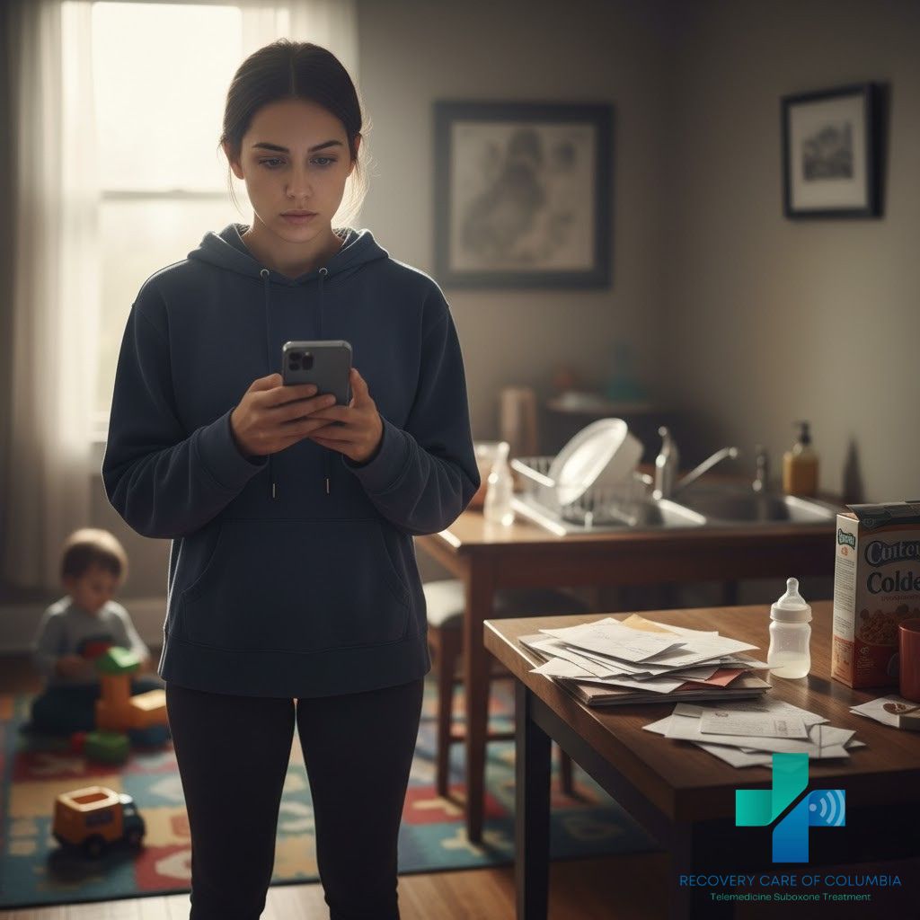 Young Tennessee mother in her kitchen during an early-morning telehealth Suboxone visit, feeling relieved after learning she can use a Suboxone Tablet Coupon GoodRX.
