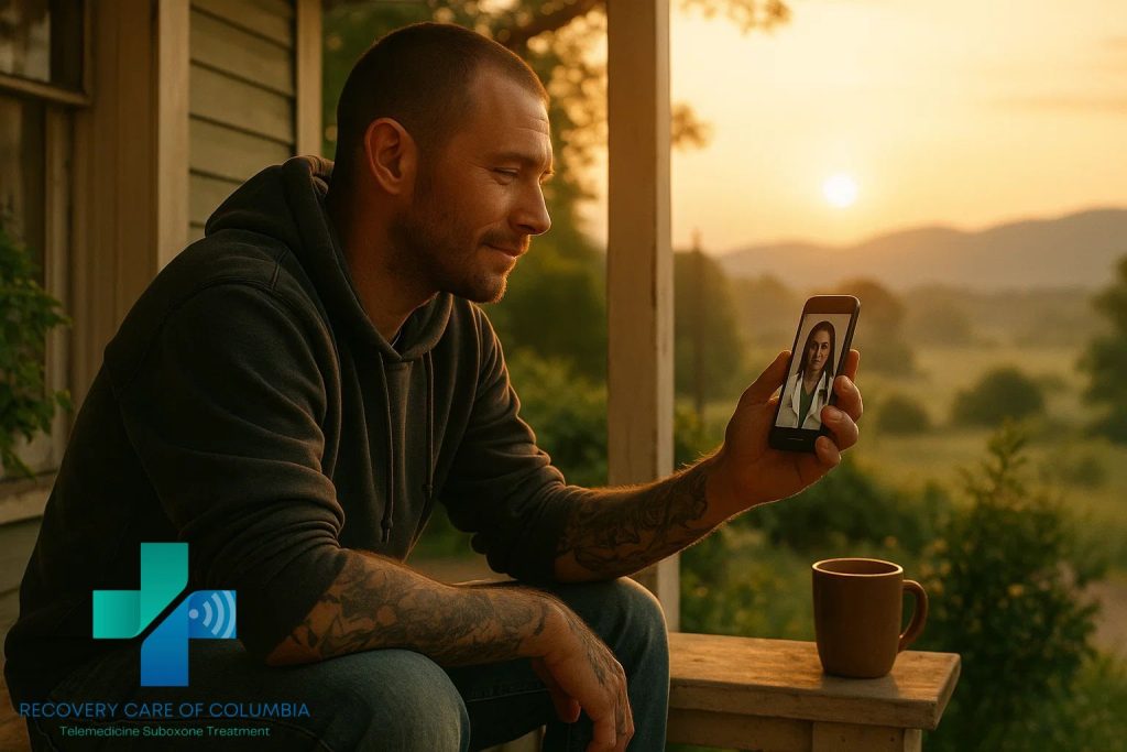 Man in his 30s on a rural porch at sunrise during a telemedicine Suboxone treatment appointment, symbolizing hope and recovery.