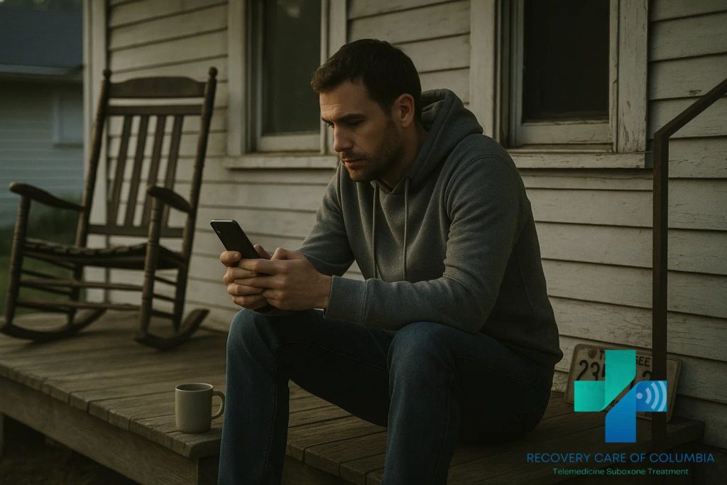 Young man on porch at sunrise having a telehealth Suboxone appointment, symbolizing hope and understanding about drug testing.