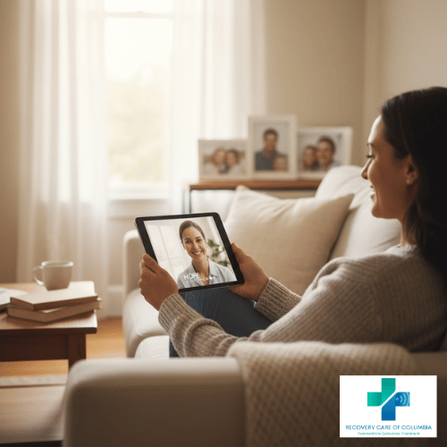 A patient sits calmly at home on her couch while attending her first Suboxone telemedicine appointment with Recovery Care of Columbia in Tennessee