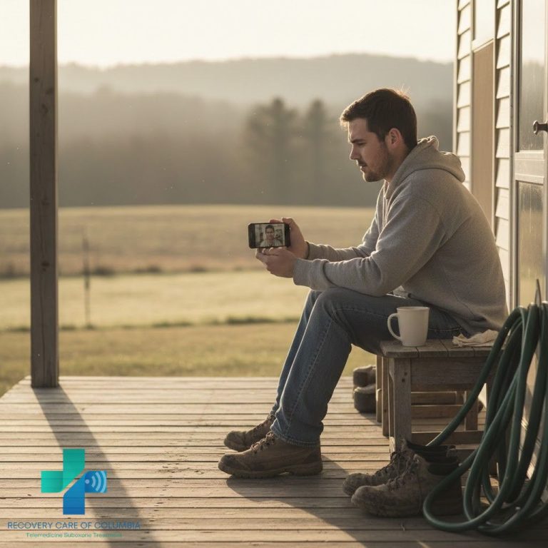 Young man in rural Tennessee attending a telehealth appointment about generic Suboxone pills at sunrise
