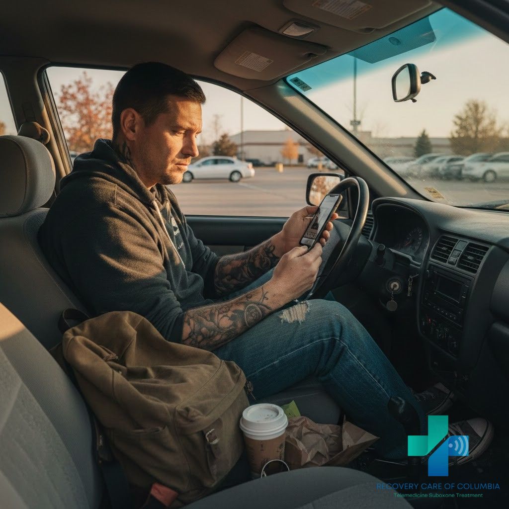 Young adult man using phone for a virtual Suboxone appointment in his car, illustrating TeleMAT convenience and privacy.