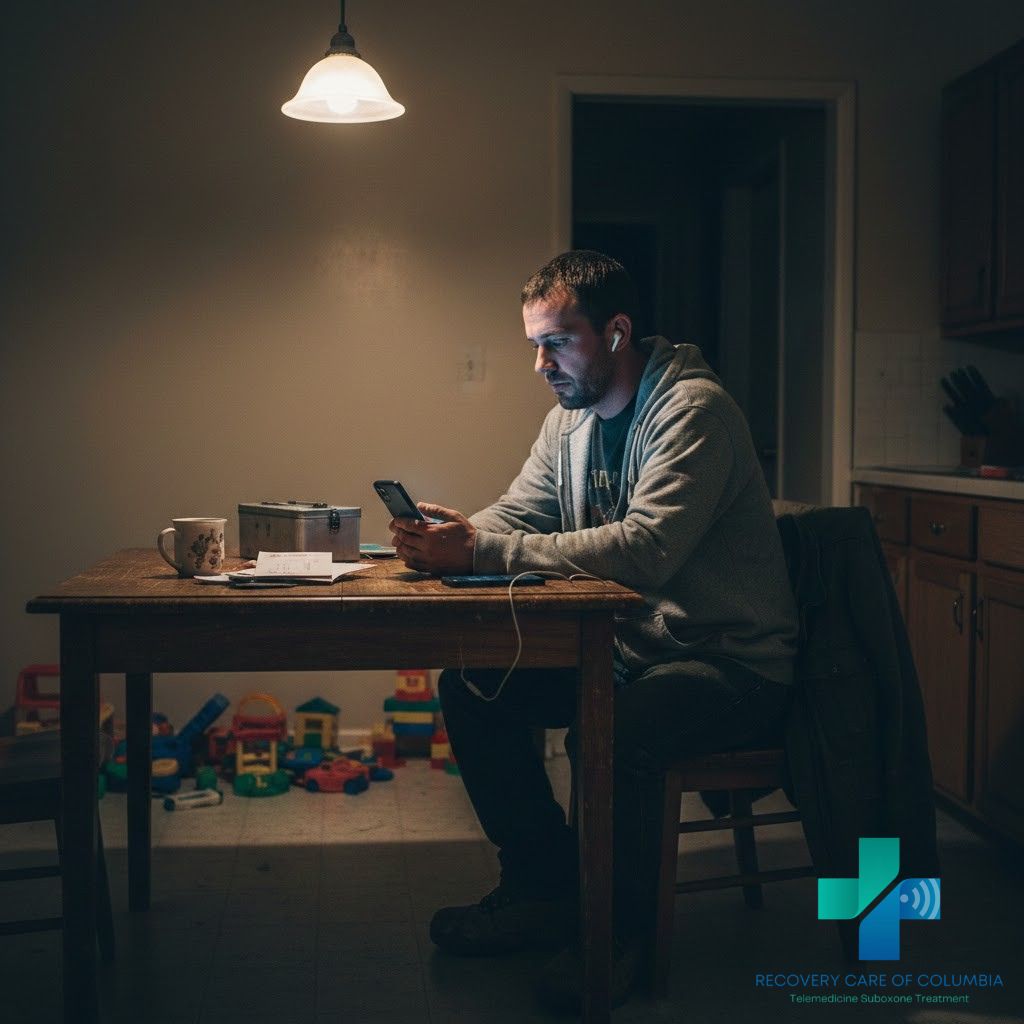 Young Tennessee father attending a late-night Suboxone telehealth appointment from his kitchen at home.