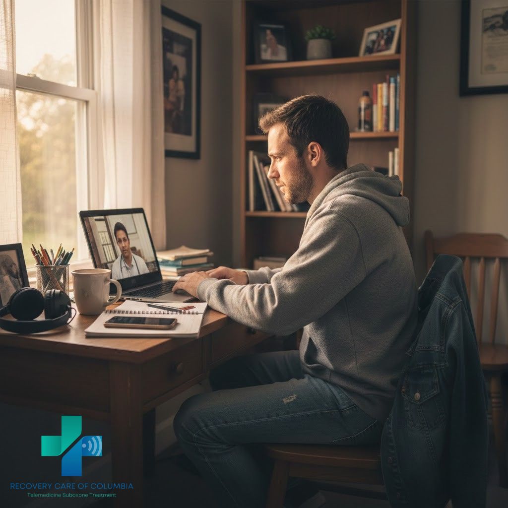Young man at home office desk in Tennessee attending a virtual Suboxone appointment, showing convenience and determination.